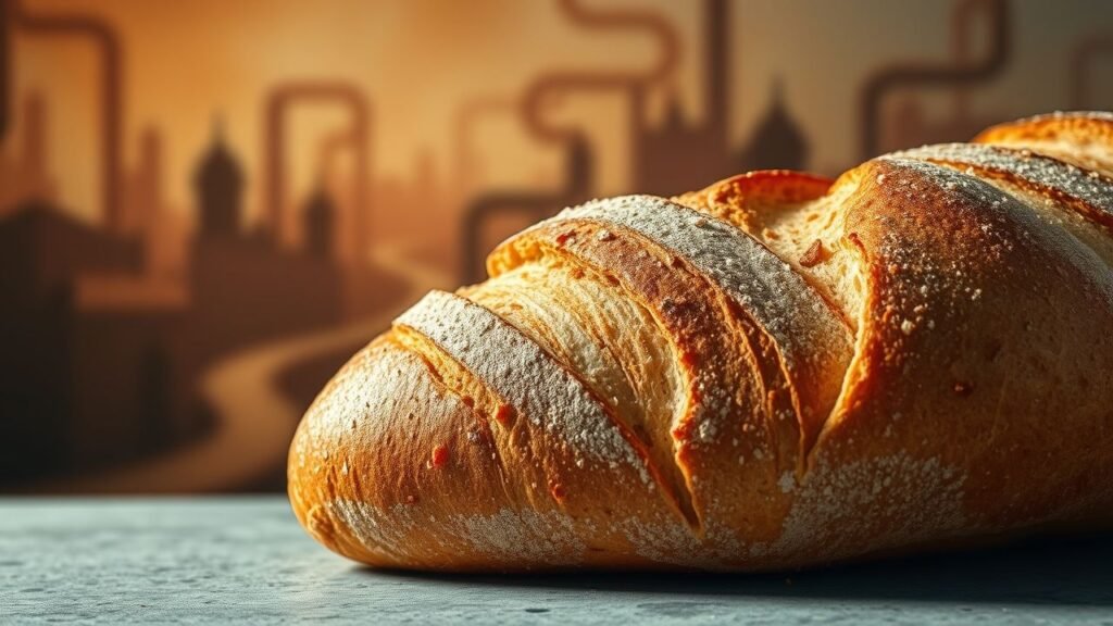 Baguette artesanal dourada com casca crocante e polvilhada de farinha, disposta sobre superfície de pedra com fundo desfocado em tons quentes.