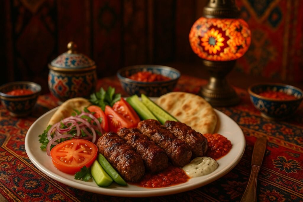 Prato de kebab turco com carne grelhada suculenta, tomate, pepino, cebola roxa, pão pita e molhos coloridos, servido sobre toalha oriental com louças típicas e iluminação de lanterna turca ao fundo.