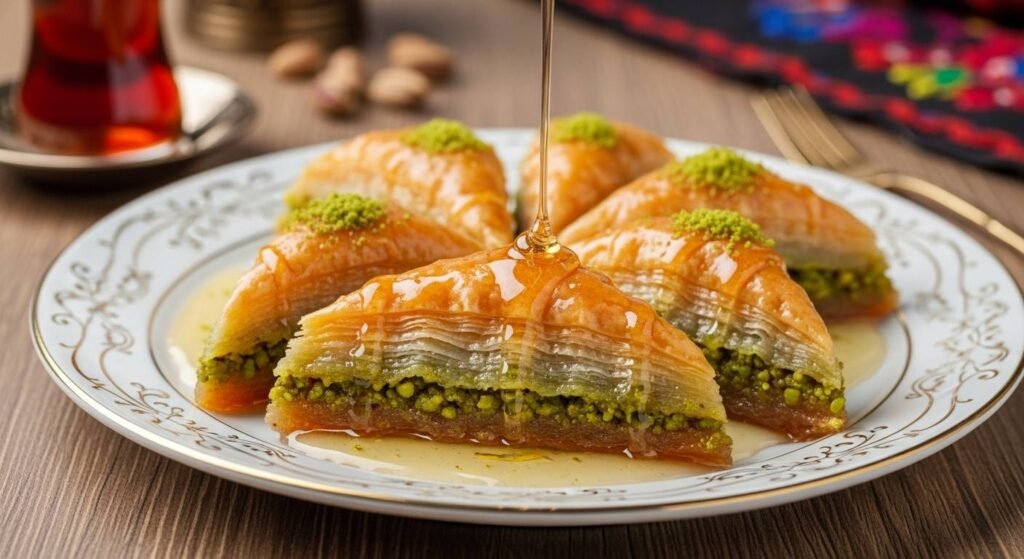 Prato de Baklava turca cortada em fatias triangulares, coberta com calda de mel e recheada com pistache, servida em prato decorado com chá turco ao fundo.