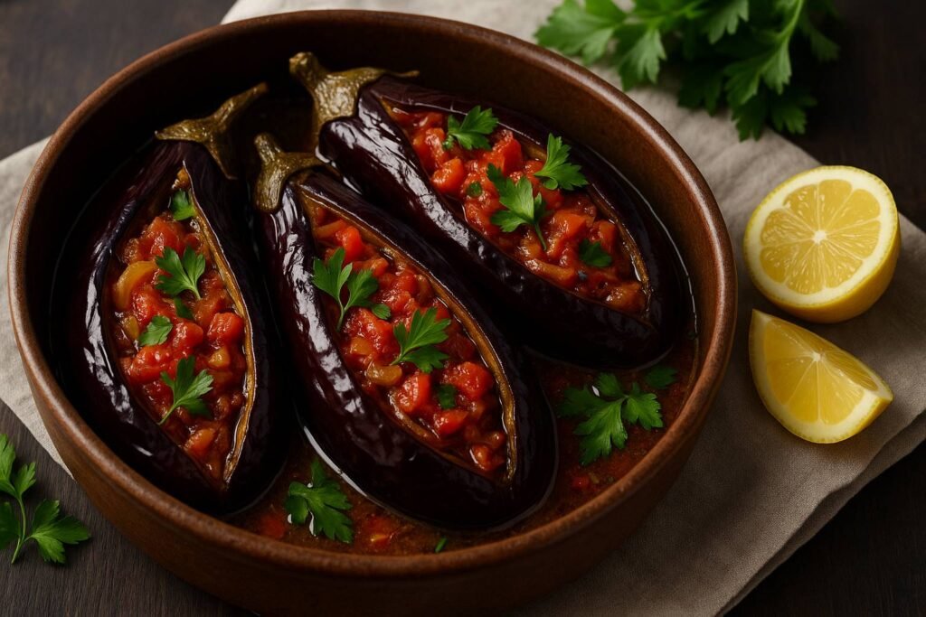 Berinjelas recheadas com tomates e cebolas caramelizadas, servidas em caçarola rústica turca, acompanhadas de limão e salsa fresca.