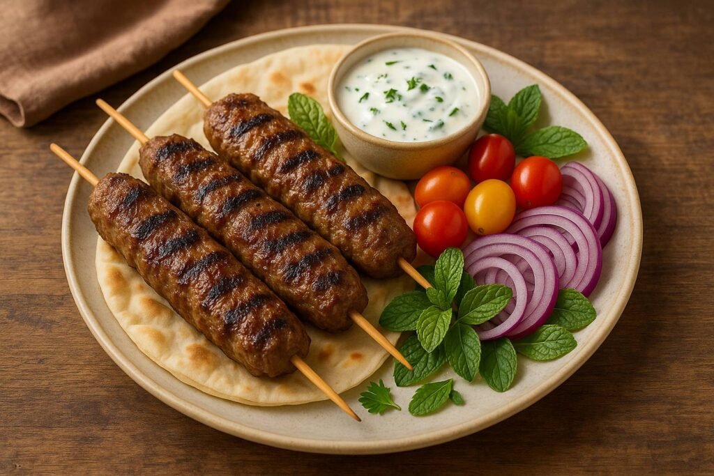 Kafta Turca grelhada em espetinhos, servida sobre pão sírio com molho de iogurte, tomates cereja, cebola roxa fatiada e folhas de hortelã em prato de cerâmica sobre mesa rústica.