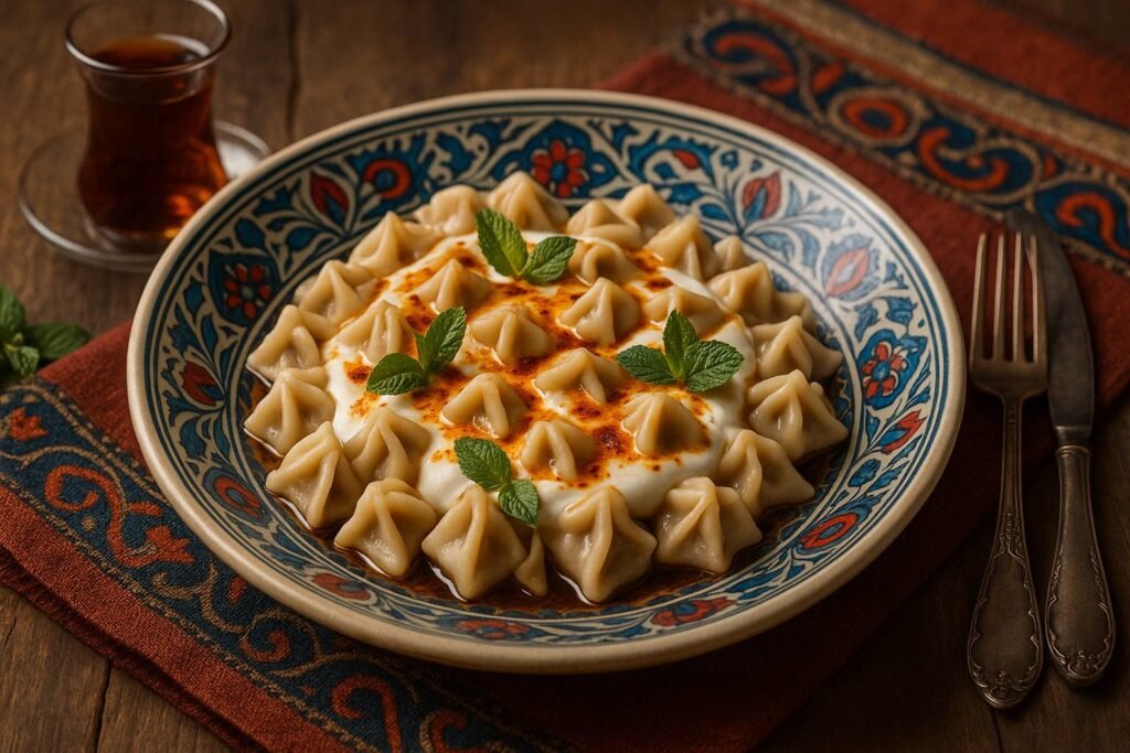 Prato de Manti Ravioli Turco servido em tigela de cerâmica decorada, coberto com molho de iogurte, manteiga com páprica e folhas de hortelã, acompanhado de chá turco em mesa rústica.