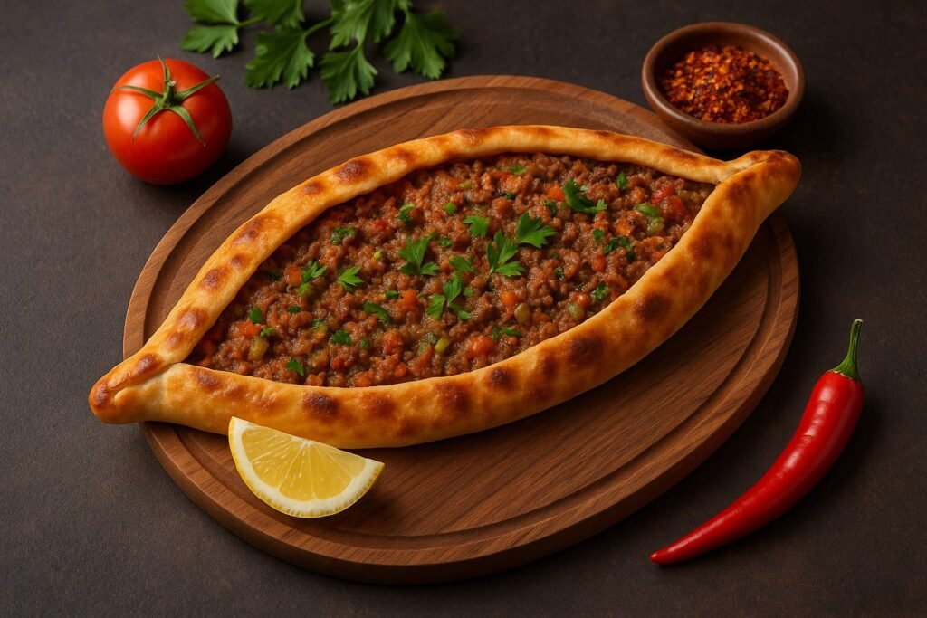 Pide turca tradicional em formato de canoa, recheada com carne moída temperada, tomate, pimentão e salsa, servida em tábua de madeira com limão e pimenta vermelha ao lado.
