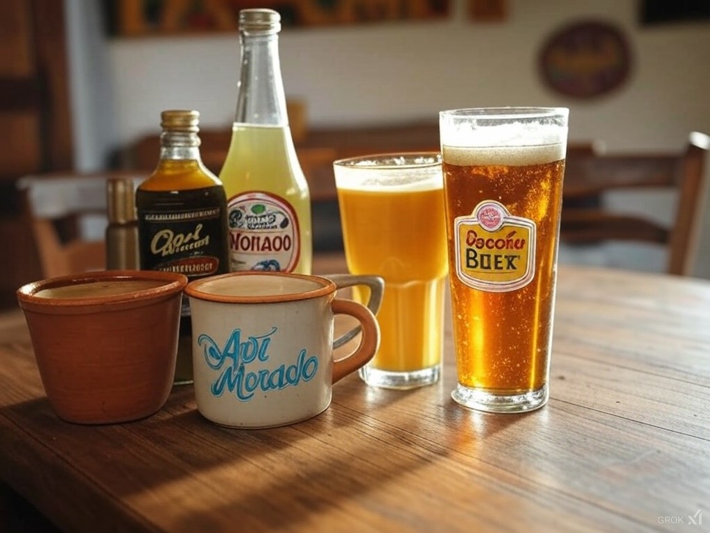 Bebidas Típicas da Bolívia, em uma mesa vai ter: Chicha, Singani, Api Morado e Cerveja Paceña