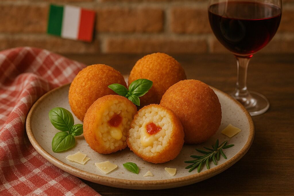 Arancini Risoto Frito Italiano, Bolinhos dourados de Arancini com recheio de queijo e molho de tomate, servidos em prato de cerâmica com folhas de manjericão, lascas de parmesão e taça de vinho tinto ao fundo, sobre mesa rústica decorada com pano xadrez e bandeira da Itália.