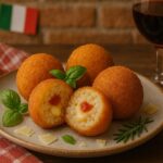 Arancini Risoto Frito Italiano, Bolinhos dourados de Arancini com recheio de queijo e molho de tomate, servidos em prato de cerâmica com folhas de manjericão, lascas de parmesão e taça de vinho tinto ao fundo, sobre mesa rústica decorada com pano xadrez e bandeira da Itália.