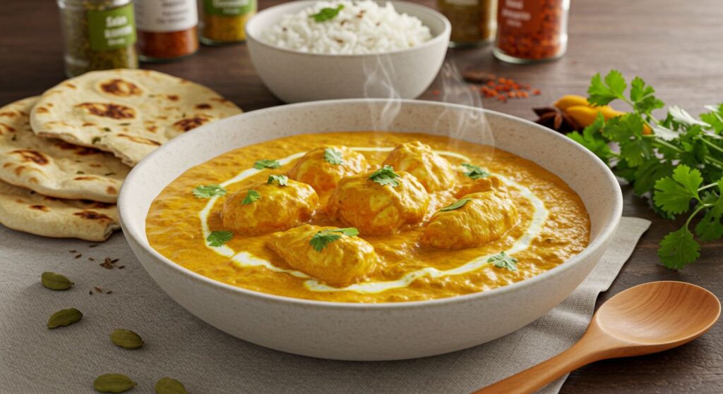 Prato de curry indiano de frango com pedaços suculentos ao molho amarelo-alaranjado, decorado com coentro fresco, acompanhado de arroz basmati e pão naan.
