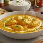 Prato de curry indiano de frango com pedaços suculentos ao molho amarelo-alaranjado, decorado com coentro fresco, acompanhado de arroz basmati e pão naan.