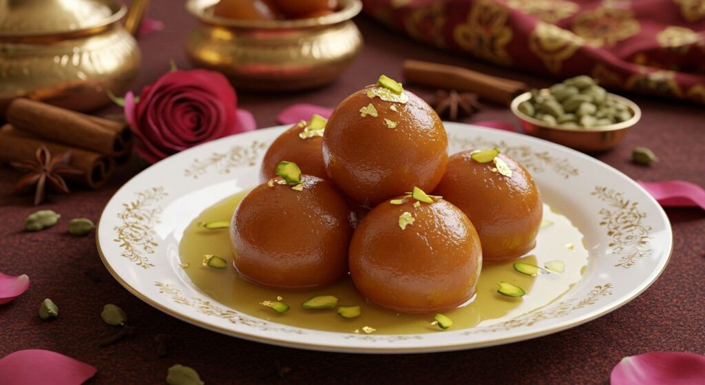 Doce indiano Gulab Jamun servido em um prato decorado com calda açucarada, pistaches fatiados e folhas de ouro com fundo de elementos decorativos típicos da Índia.