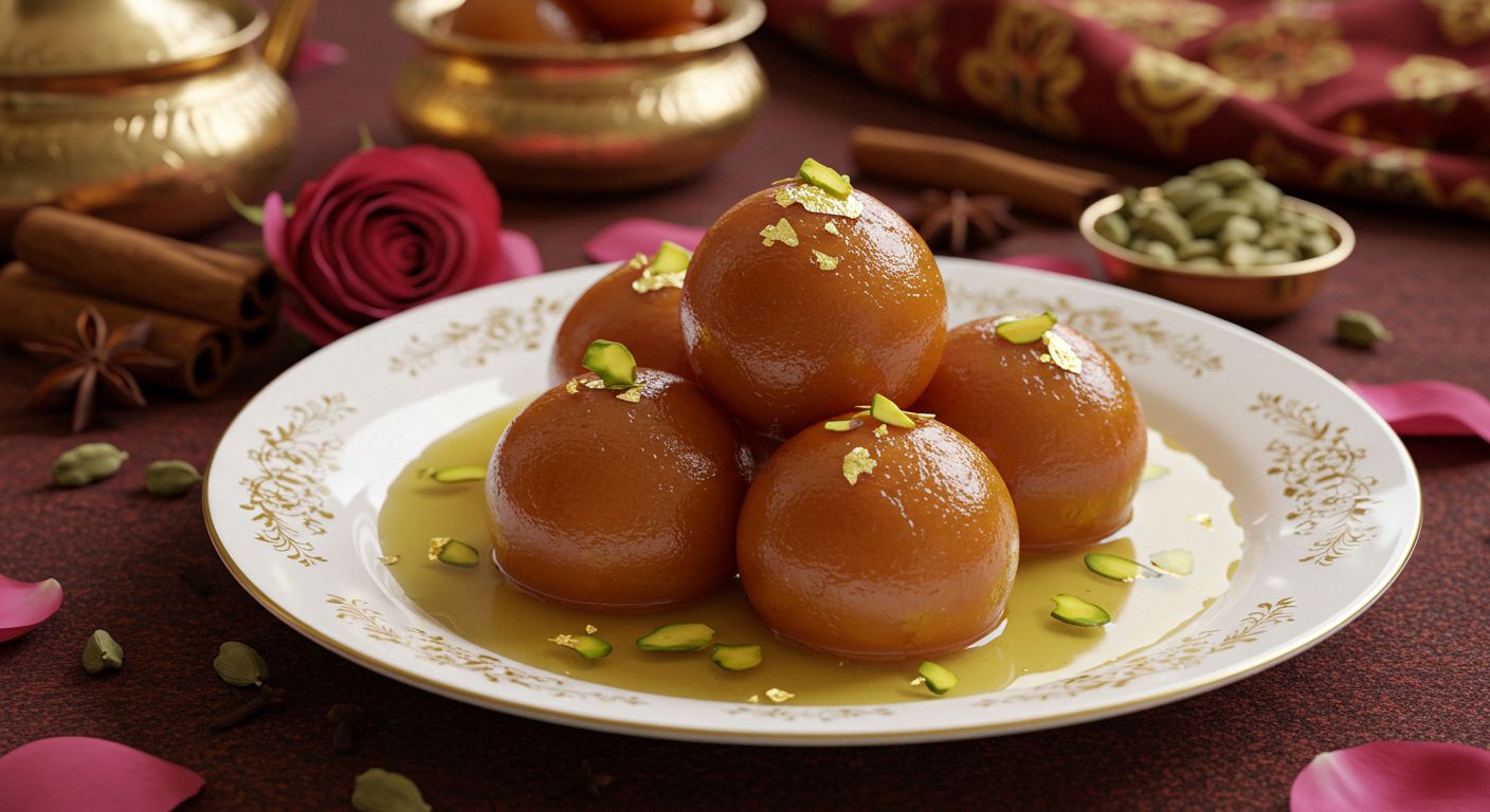 Doce indiano Gulab Jamun servido em um prato decorado com calda açucarada, pistaches fatiados e folhas de ouro com fundo de elementos decorativos típicos da Índia.