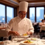 Chef preparando pratos em um elegante restaurante com mesas cobertas por toalhas brancas, copos de vinho alinhados, cadeiras escuras e janelas mostrando uma vista urbana ao entardecer.