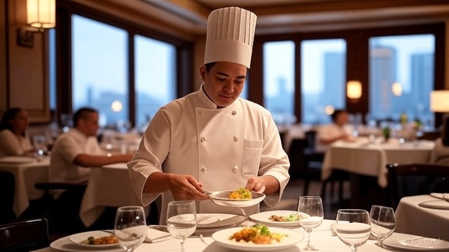 Chef preparando pratos em um elegante restaurante com mesas cobertas por toalhas brancas, copos de vinho alinhados, cadeiras escuras e janelas mostrando uma vista urbana ao entardecer.