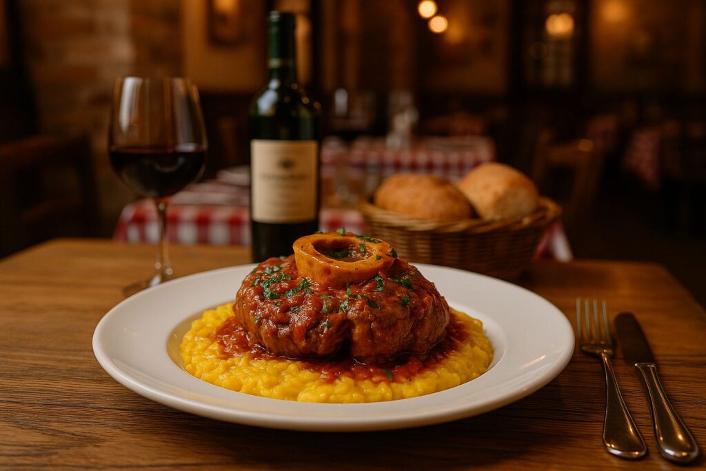 Ossobuco Toscano servido em prato rústico, acompanhado de risoto cremoso e ramos de alecrim fresco, em mesa de madeira com fundo desfocado.