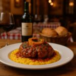 Ossobuco Toscano servido em prato rústico, acompanhado de risoto cremoso e ramos de alecrim fresco, em mesa de madeira com fundo desfocado.
