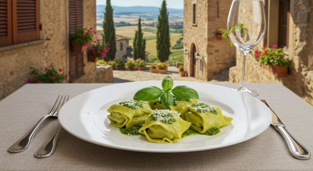 Pesto de Manjericão, Prato de massa verde recheada com molho pesto de manjericão e queijo ralado, guarnecido com folha de manjericão fresco, sobre mesa com talheres e taça de vinho, com fundo desfocado de paisagem toscana com casas de pedra e ciprestes.
