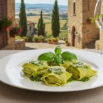 Pesto de Manjericão, Prato de massa verde recheada com molho pesto de manjericão e queijo ralado, guarnecido com folha de manjericão fresco, sobre mesa com talheres e taça de vinho, com fundo desfocado de paisagem toscana com casas de pedra e ciprestes.
