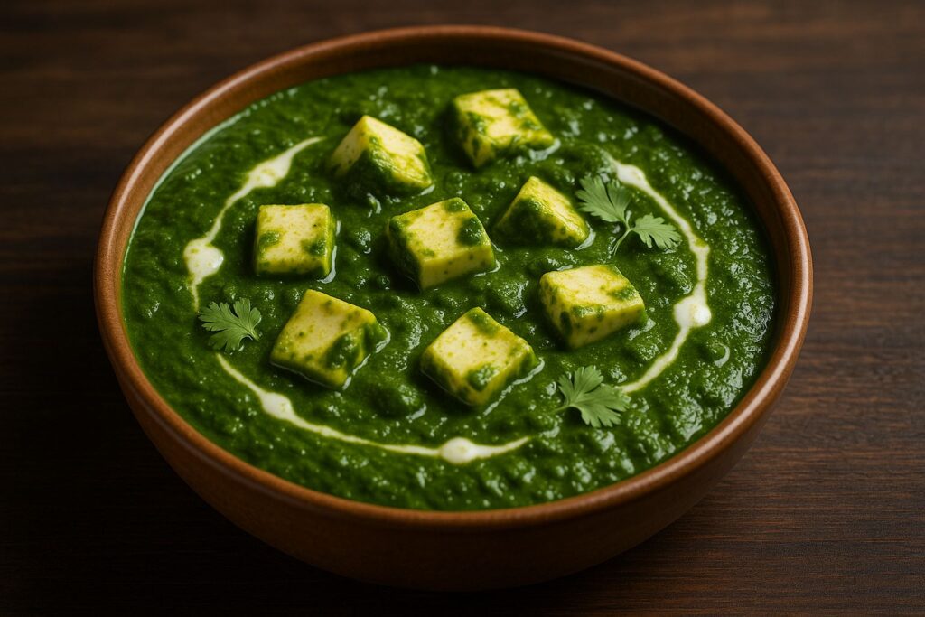 Prato de Palak Paneer servido em uma tigela marrom, com molho de espinafre verde vibrante, cubos de queijo paneer branco e decoração com folhas de coentro e fios de creme, sobre uma mesa de madeira escura.