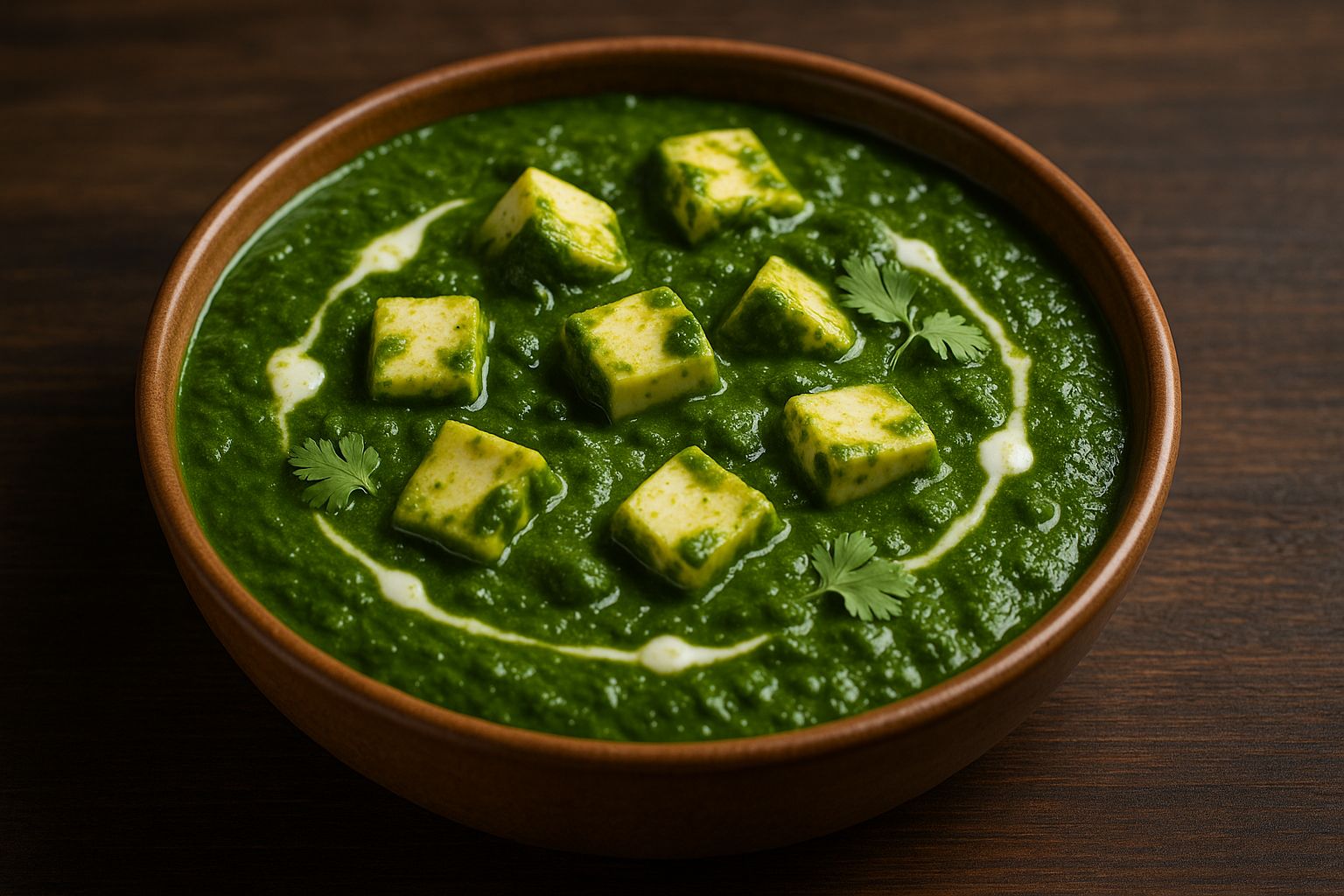 Prato de Palak Paneer servido em uma tigela marrom, com molho de espinafre verde vibrante, cubos de queijo paneer branco e decoração com folhas de coentro e fios de creme, sobre uma mesa de madeira escura.