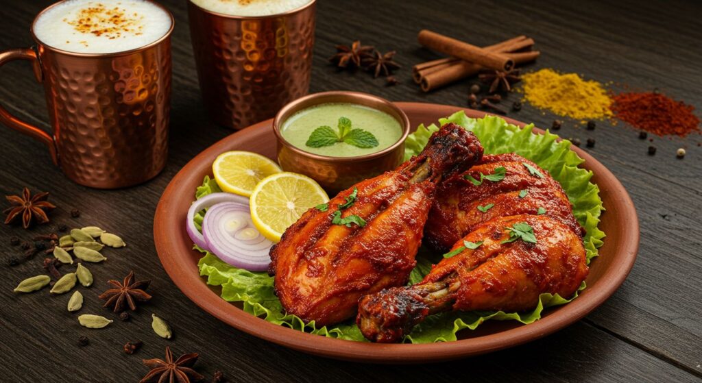 Prato indiano com frango Tandoori assado servido com rodelas de limão, cebola roxa, molho chutney verde e especiarias, acompanhado por lassi em canecas de cobre.