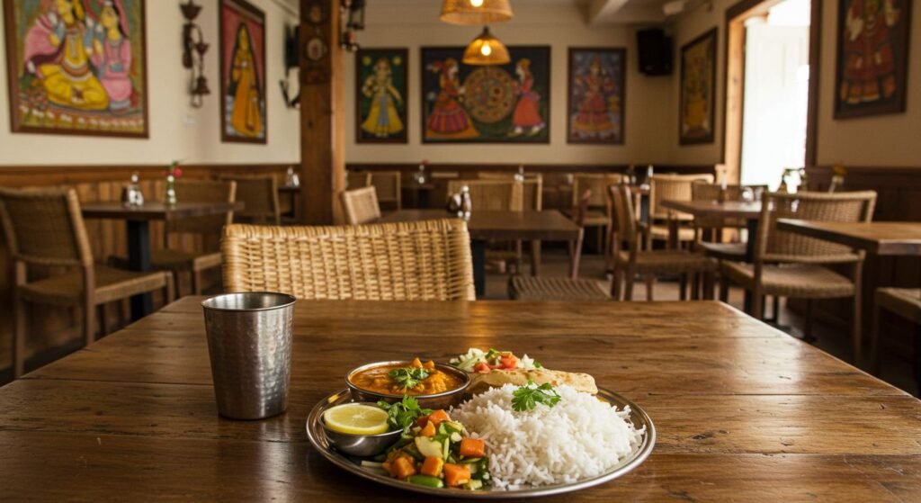 Prato típico da culinária indiana com arroz, curry e legumes servido sobre mesa de madeira em restaurante indiano decorado com pinturas tradicionais e cadeiras de vime. Restaurante Indiano em Curitiba