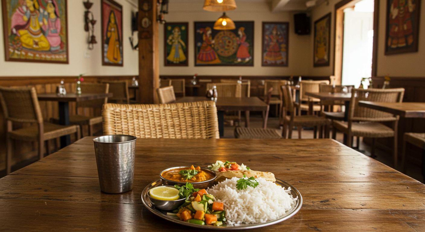 Prato típico da culinária indiana com arroz, curry e legumes servido sobre mesa de madeira em restaurante indiano decorado com pinturas tradicionais e cadeiras de vime. Restaurante Indiano em Curitiba