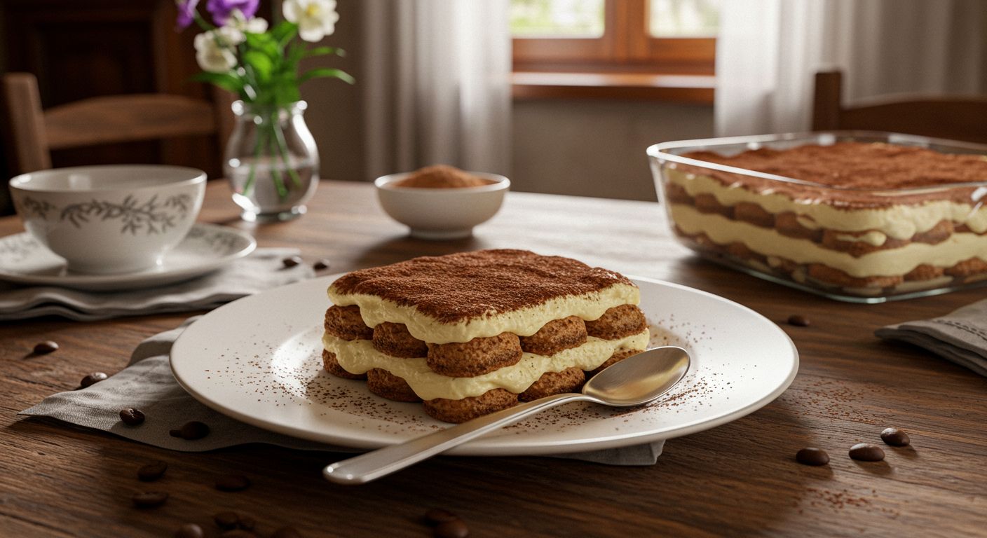 Tiramisù italiano servido em prato branco com colher ao lado, sobre mesa rústica de madeira, em ambiente doméstico com decoração típica e luz natural entrando pela janela.