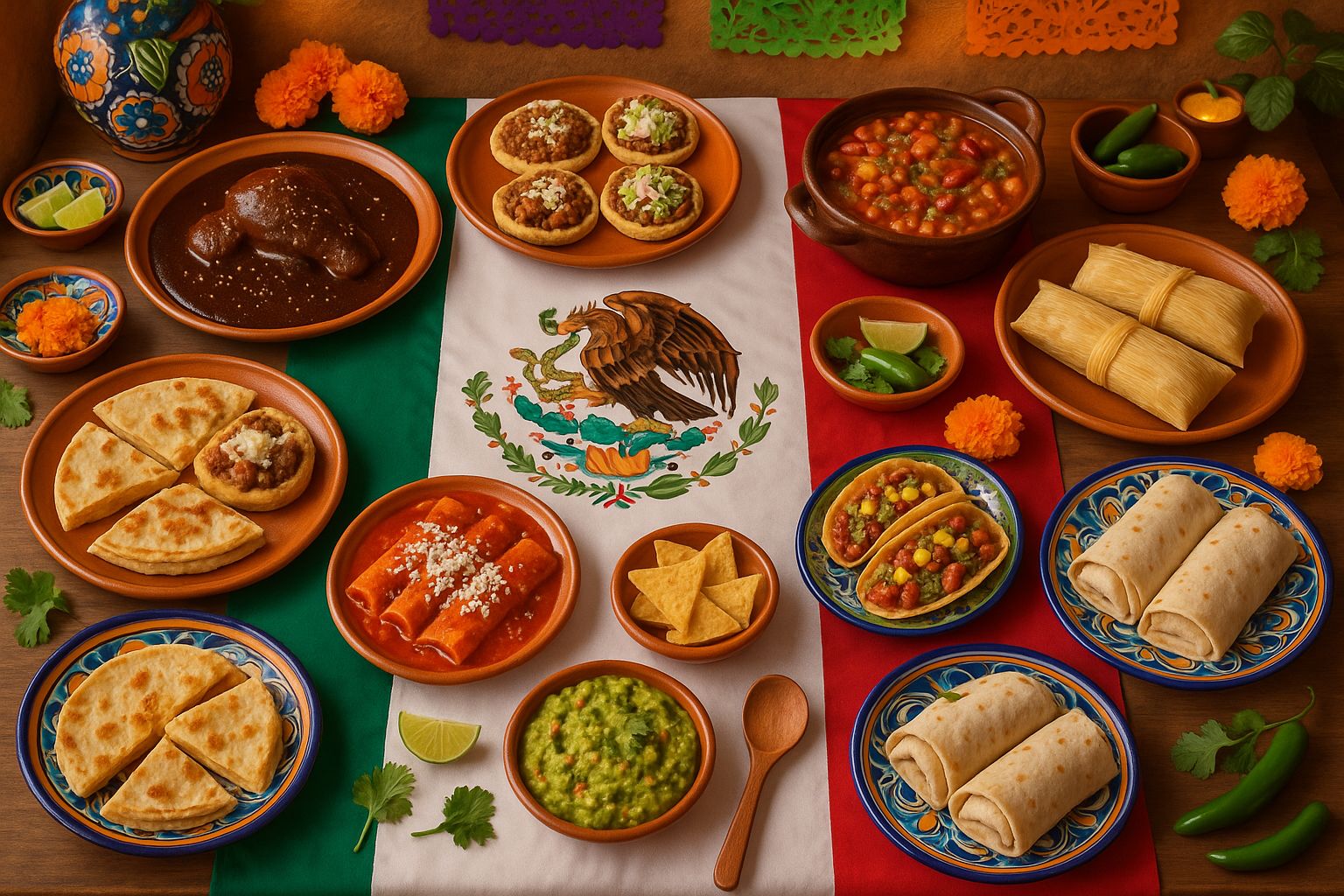 10 comidas típicas mexicanas dispostas em mesa com bandeira do México incluindo mole poblano, sopes, pozole, chilli, tamales, quesadillas, enchiladas, tacos, guacamole e burritos em pratos de cerâmica tradicional com decoração mexicana autêntica