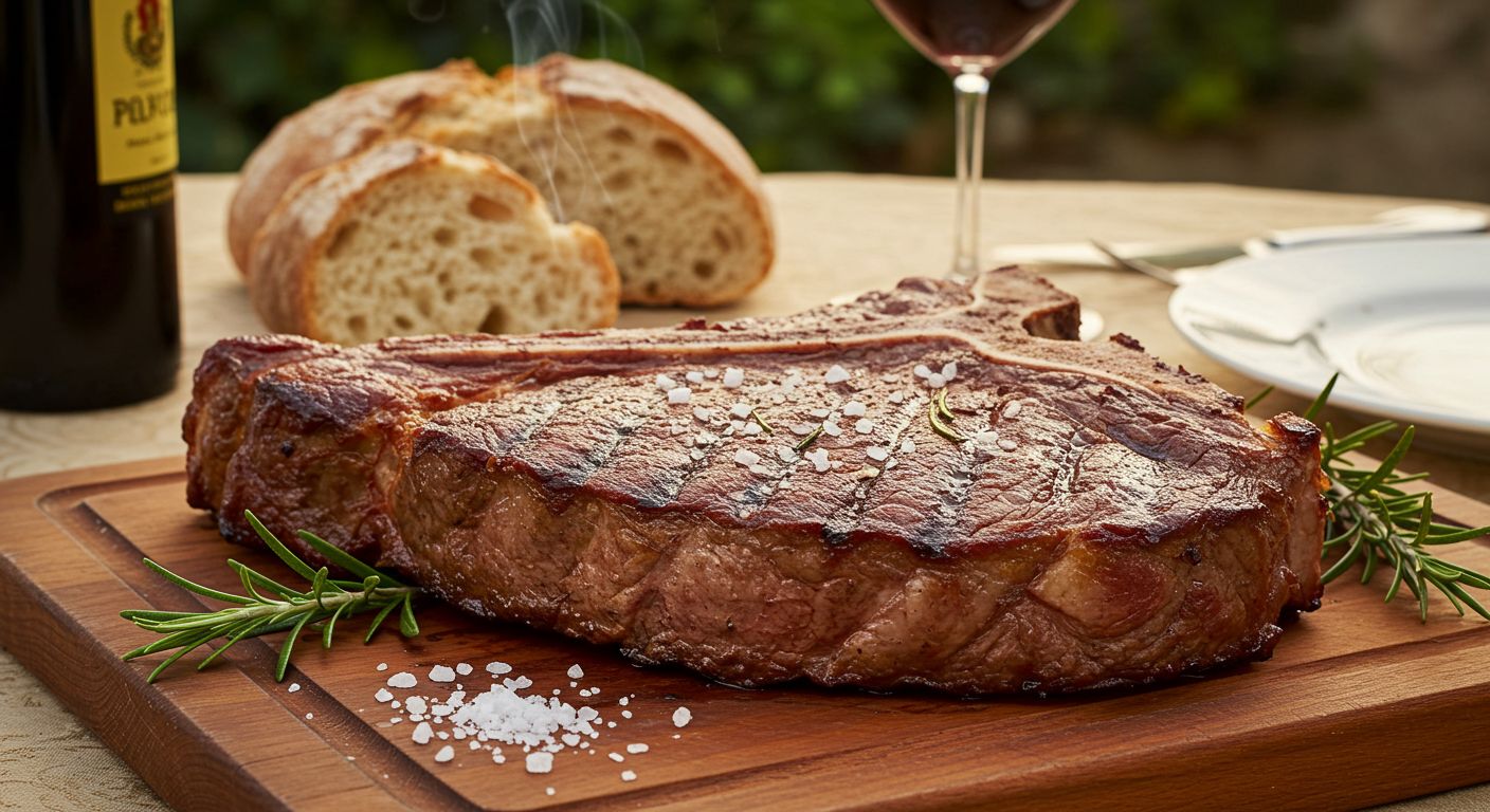 Bistecca alla Fiorentina grelhada servida com sal grosso e alecrim sobre tábua de madeira, acompanhada de pão rústico e vinho tinto.