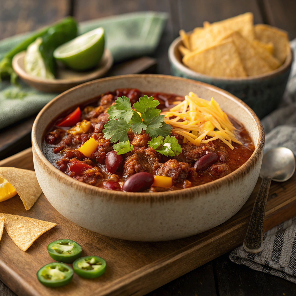Tigela de chilli mexicano com carne moída, feijão vermelho, queijo cheddar ralado e coentro, acompanhada de tortilhas, rodelas de jalapeño e limão sobre uma tábua de madeira.
