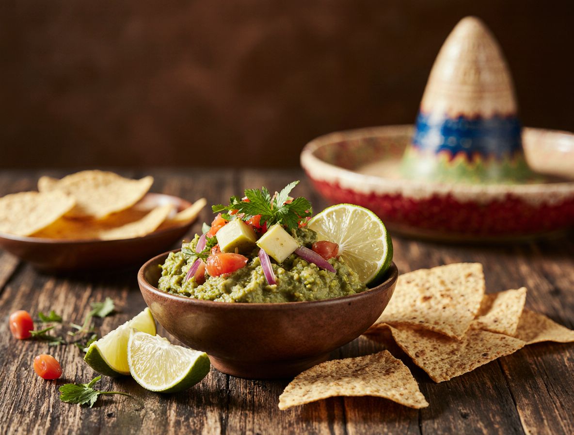 Tigela com guacamole decorada com tomate, cebola roxa, cubos de queijo e limão, acompanhada de tortilhas crocantes, com sombrero mexicano ao fundo.