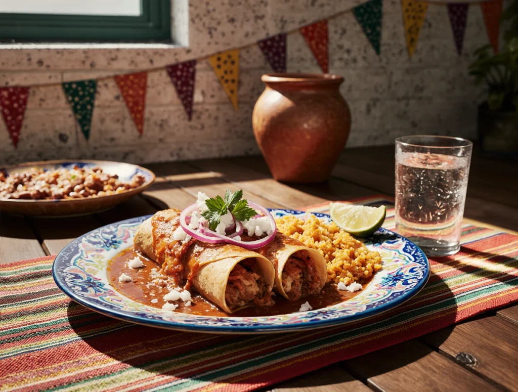 Enchiladas mexicanas servidas em prato decorado com arroz, limão e guarnições típicas, sobre toalha colorida em ambiente rústico mexicano.