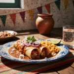 Enchiladas mexicanas servidas em prato decorado com arroz, limão e guarnições típicas, sobre toalha colorida em ambiente rústico mexicano.
