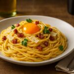 Prato de espaguete à carbonara servido em cerâmica branca, com gema de ovo no centro, pedaços crocantes de pancetta, lascas de parmesão e folhas de salsinha, sobre mesa de madeira rústica com garfo ao lado.