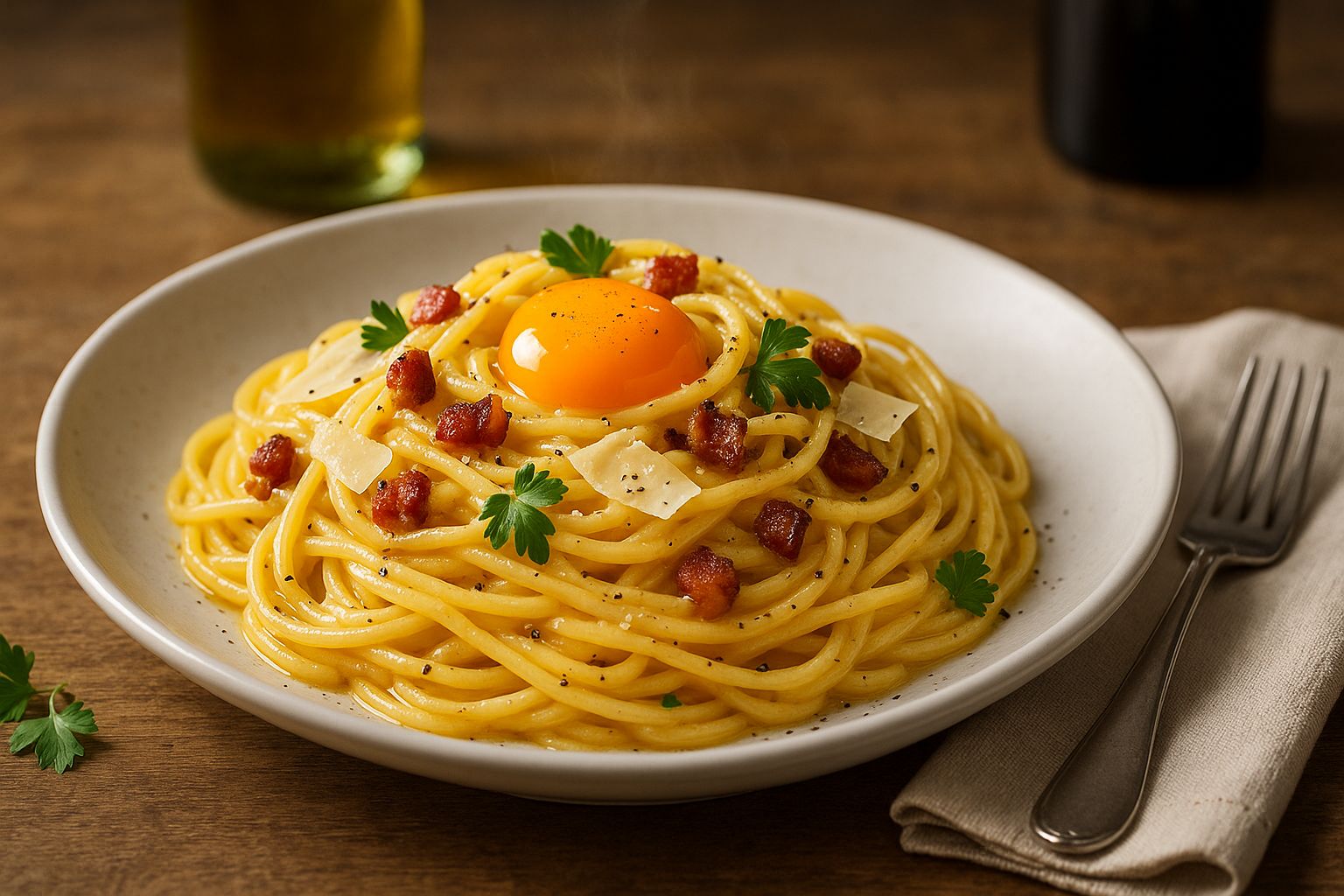 Prato de espaguete à carbonara servido em cerâmica branca, com gema de ovo no centro, pedaços crocantes de pancetta, lascas de parmesão e folhas de salsinha, sobre mesa de madeira rústica com garfo ao lado.