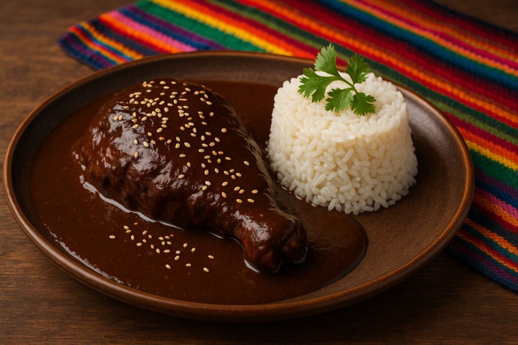 Prato de frango com molho Mole Poblano coberto com sementes de gergelim, acompanhado de arroz branco moldado e decorado com coentro, servido sobre prato de cerâmica artesanal com toalha mexicana colorida ao fundo.
