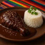 Prato de frango com molho Mole Poblano coberto com sementes de gergelim, acompanhado de arroz branco moldado e decorado com coentro, servido sobre prato de cerâmica artesanal com toalha mexicana colorida ao fundo.