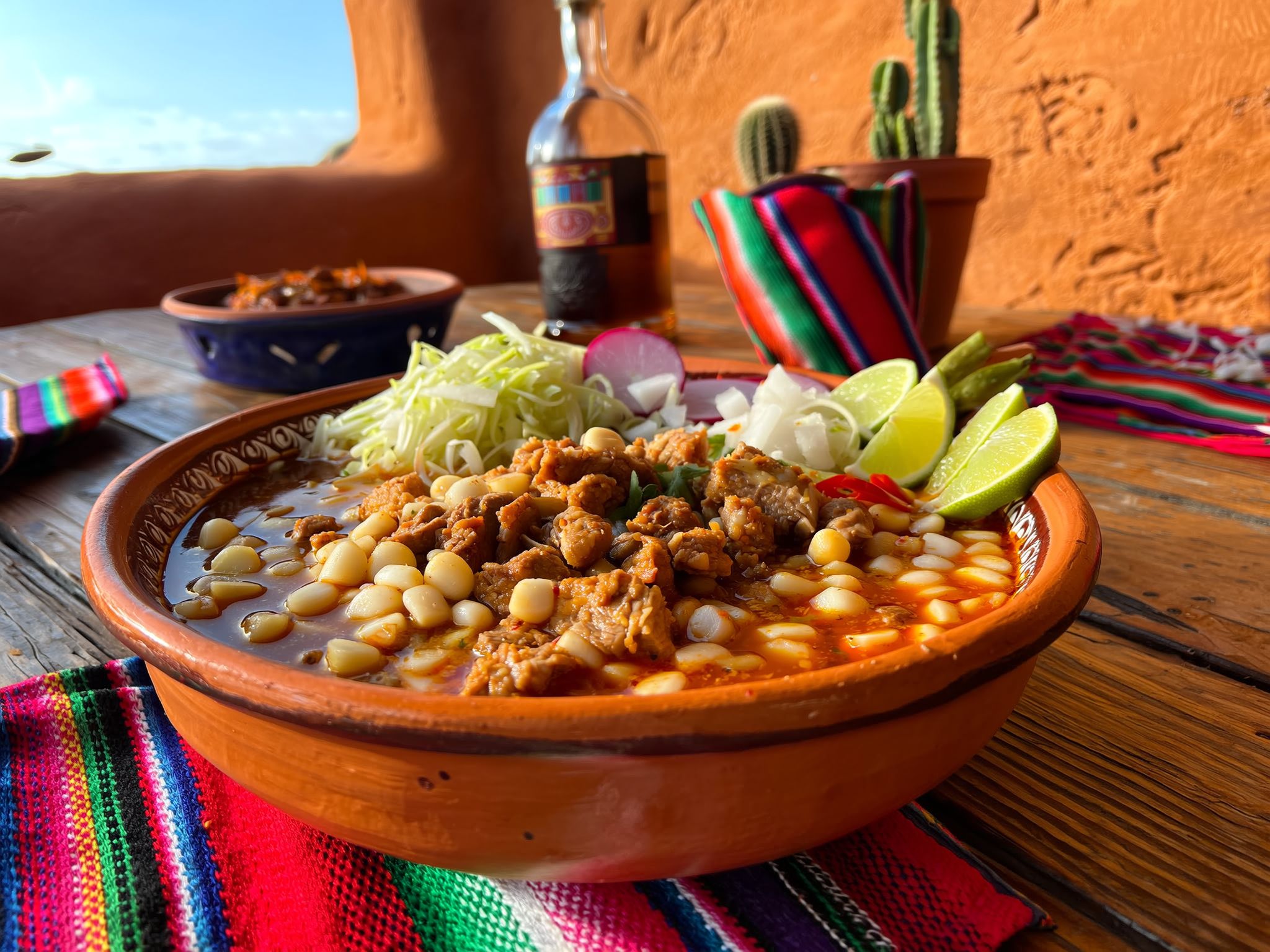 Prato de Pozole Mexicano servido em tigela de cerâmica com milho branco, carne, repolho, limão, cebola e pimenta, sobre mesa rústica com toalha colorida típica do México.