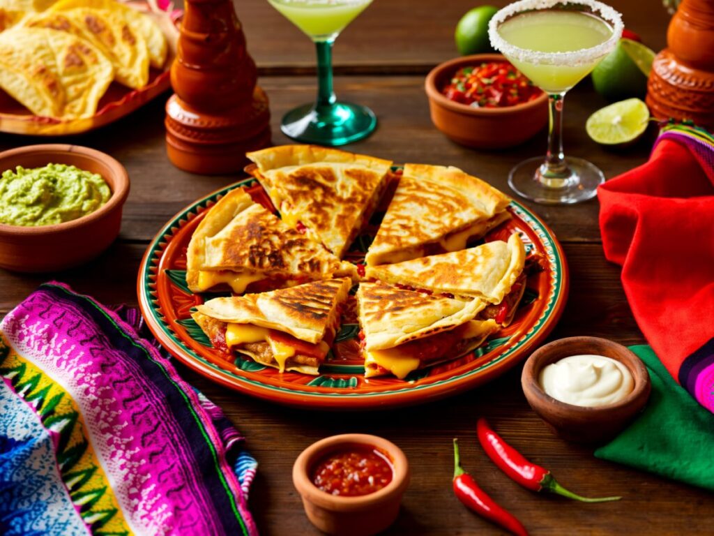 Quesadilla mexicana servida em prato colorido, acompanhada de guacamole, sour cream, salsa e margaritas, sobre mesa decorada com tecidos típicos do México.
