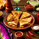 Quesadilla mexicana servida em prato colorido, acompanhada de guacamole, sour cream, salsa e margaritas, sobre mesa decorada com tecidos típicos do México.