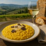 Prato de risoto milanês cremoso com trufas negras e parmesão, servido em mesa rústica com vista para vinhedos na Toscana, acompanhado de pão italiano e taça de vinho branco.