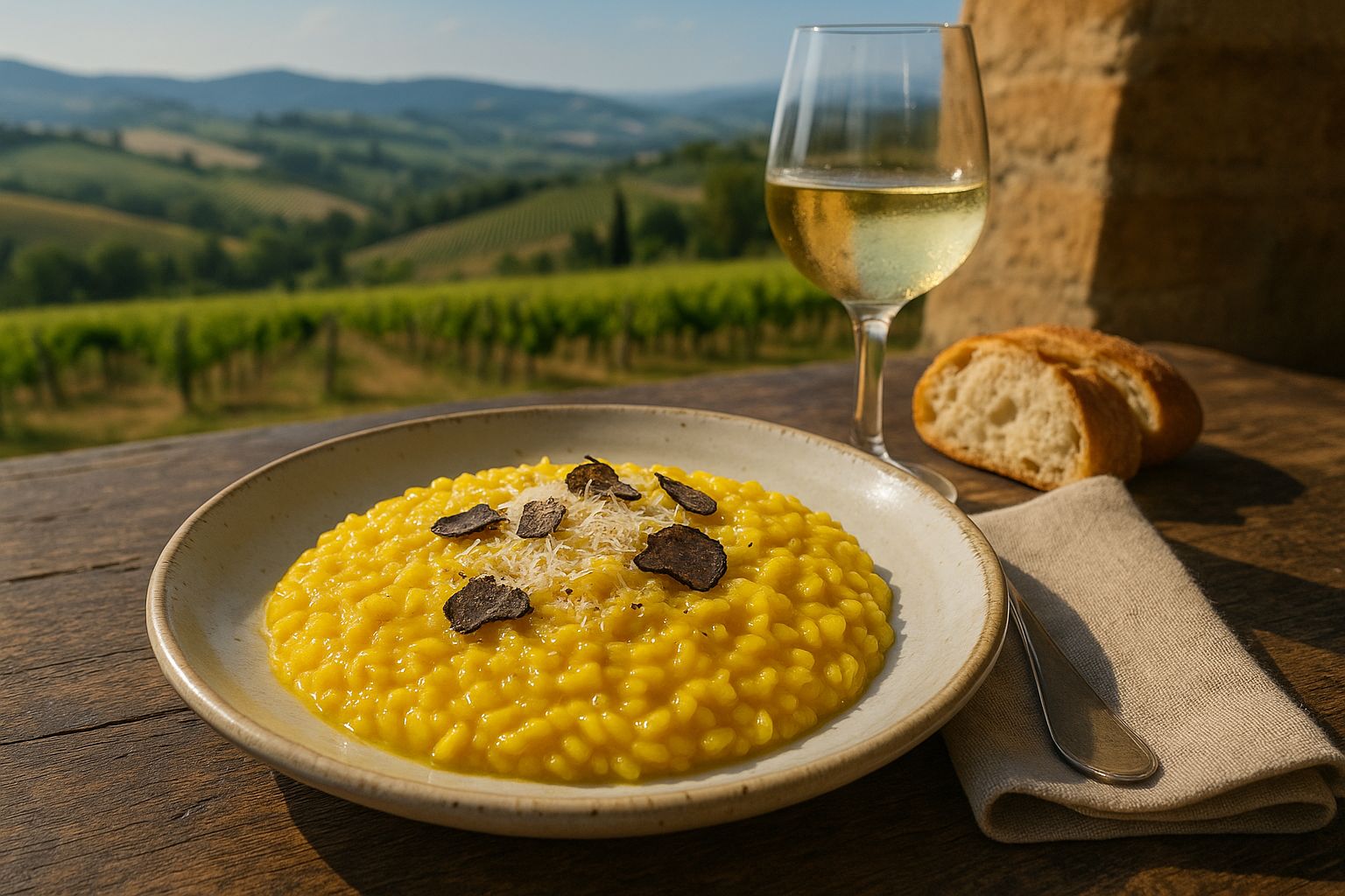 Prato de risoto milanês cremoso com trufas negras e parmesão, servido em mesa rústica com vista para vinhedos na Toscana, acompanhado de pão italiano e taça de vinho branco.