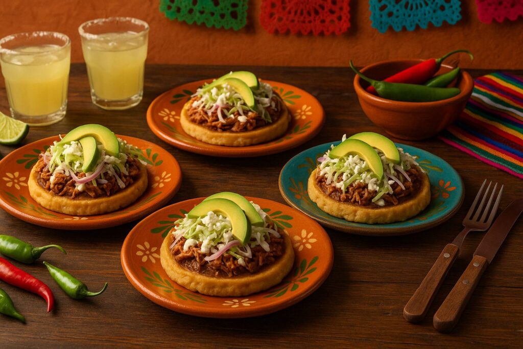Quatro sopes mexicanos servidos em pratos coloridos, cobertos com carne desfiada, alface, cebola roxa, queijo branco e fatias de abacate, acompanhados por bebidas e pimentas sobre uma mesa rústica.