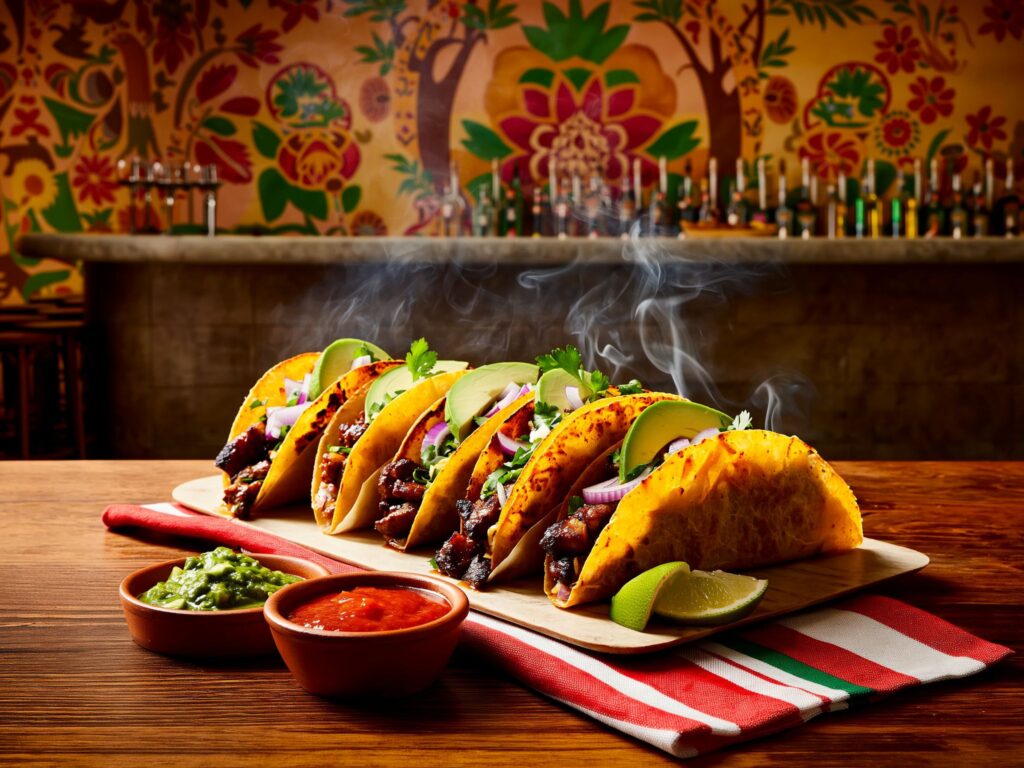 Seis tacos mexicanos recheados com carne grelhada, abacate, cebola roxa e coentro, servidos sobre uma tábua de madeira com limões ao lado e acompanhados por molhos em tigelas de barro.