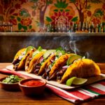 Seis tacos mexicanos recheados com carne grelhada, abacate, cebola roxa e coentro, servidos sobre uma tábua de madeira com limões ao lado e acompanhados por molhos em tigelas de barro.