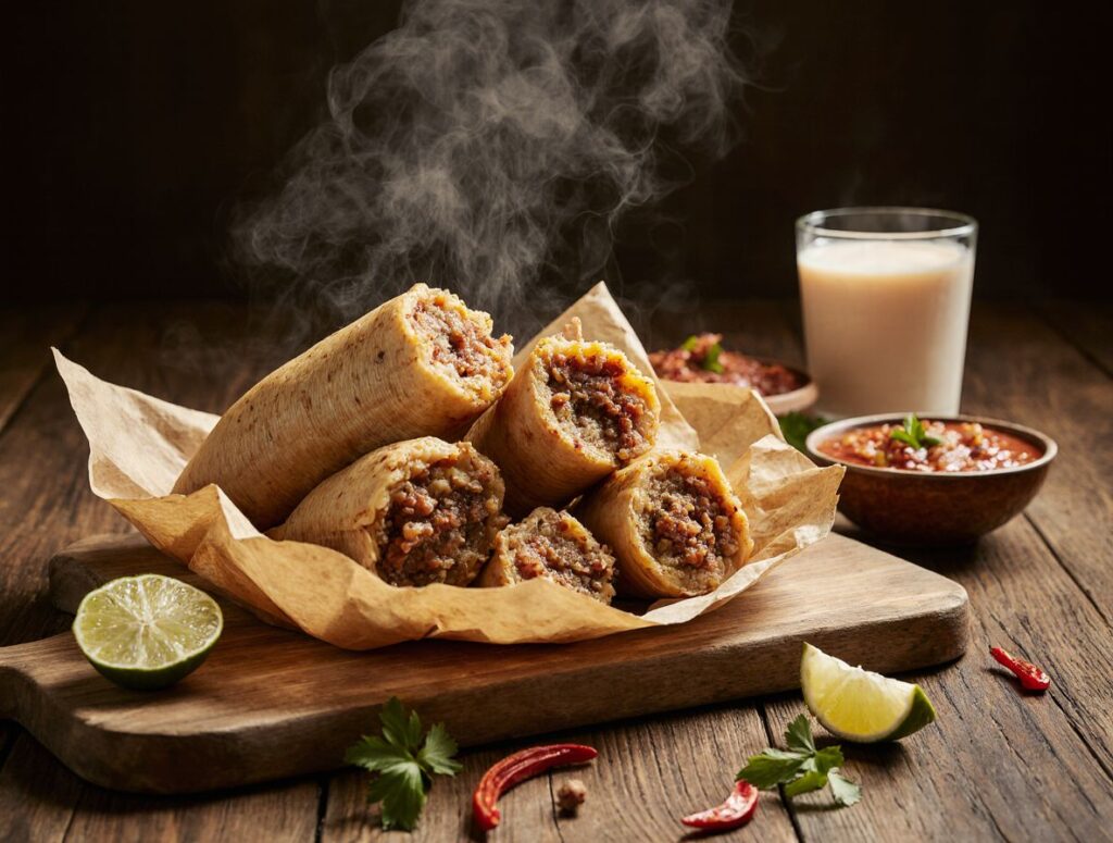 Tamale Mexicano recheados com carne sobre papel manteiga, acompanhados de limão, pimentas e molho, com vapor visível saindo dos tamales em uma mesa de madeira rústica.