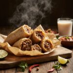 Tamale Mexicano recheados com carne sobre papel manteiga, acompanhados de limão, pimentas e molho, com vapor visível saindo dos tamales em uma mesa de madeira rústica.
