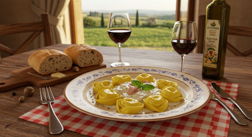 Prato de tortellini com molho branco e presunto, servido em mesa rústica com pão italiano, vinho tinto e azeite, em cenário típico da Toscana.