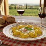 Prato de tortellini com molho branco e presunto, servido em mesa rústica com pão italiano, vinho tinto e azeite, em cenário típico da Toscana.