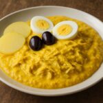 Prato de Aji de Gallina, comida típica peruana feita com frango desfiado em creme amarelo de pimenta, decorado com rodelas de batata, ovos cozidos e azeitonas pretas, sobre mesa rústica de madeira.