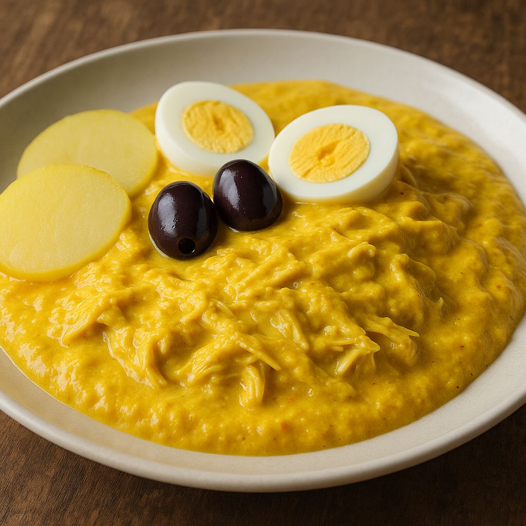 Prato de Aji de Gallina, comida típica peruana feita com frango desfiado em creme amarelo de pimenta, decorado com rodelas de batata, ovos cozidos e azeitonas pretas, sobre mesa rústica de madeira.